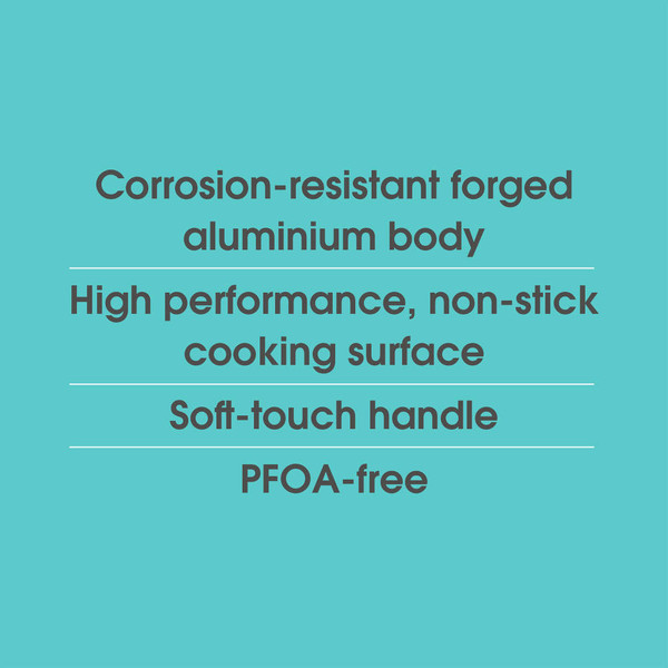 Banner listing key features: corrosion-resistant aluminium, non-stick, soft-touch handle, PFOA-free.