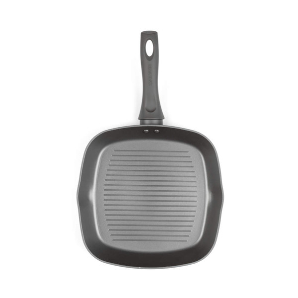 Square black non-stick grill pan with ridged base, shown from above.