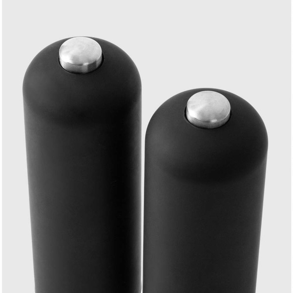 Set of two matte black salt and pepper grinders with stainless steel tops