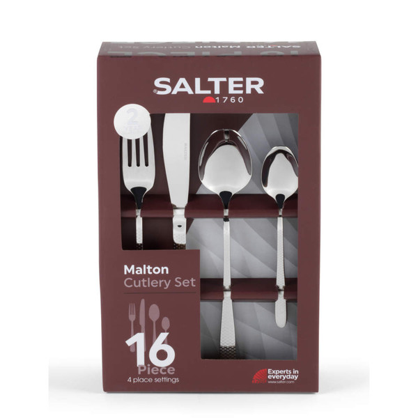 Set of 16 silver cutlery pieces in Salter Malton gift box, showing forks, knives and spoons.