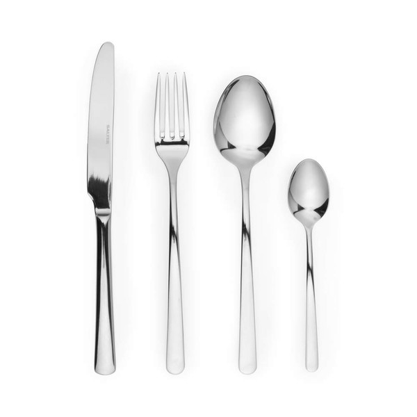 Set of four silver stainless steel cutlery pieces on white background: knife, fork, tablespoon, teaspoon.