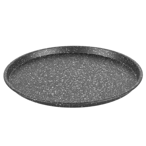 Round black and white speckled metal pizza tray, shown angled on a white background