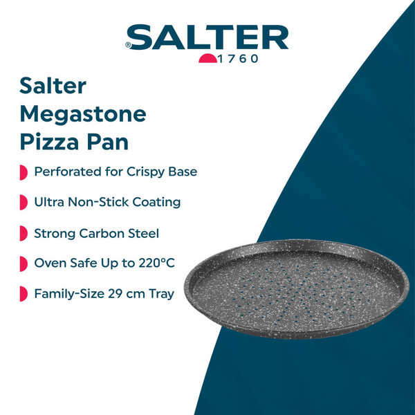 Black speckled round pizza tray shown empty on kitchen counter