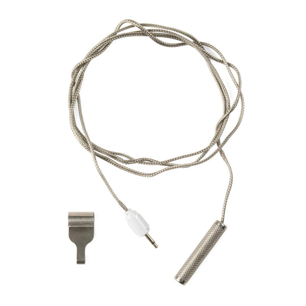 Silver oven temperature probe set with braided cable and metal clip on white background
