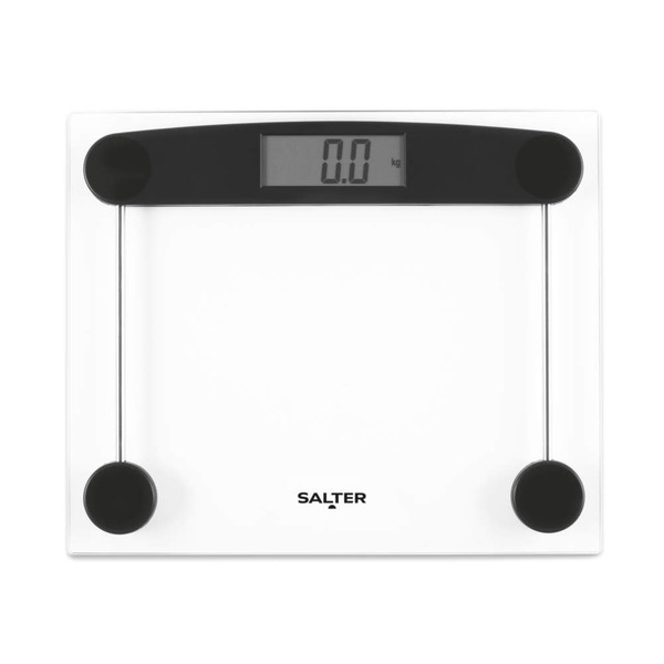 Glass bathroom scale with black accents and digital display, showing zero, Salter branding