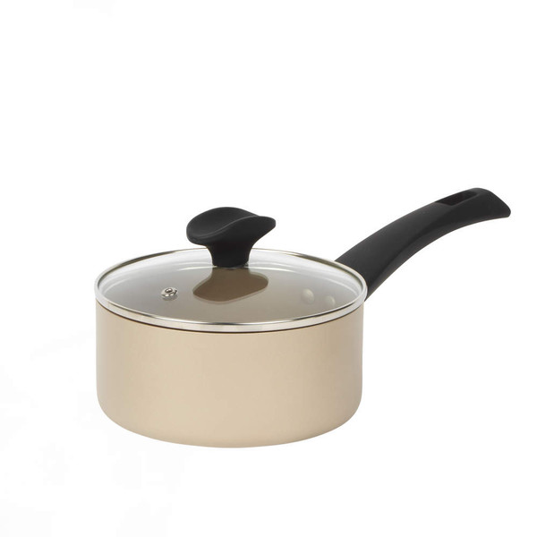 Gold saucepan with glass lid and black handle