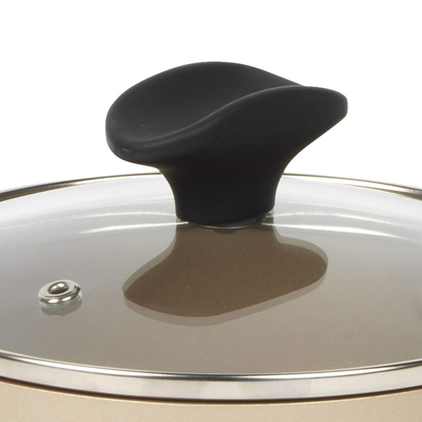 Close up of black knob on glass saucepan lid