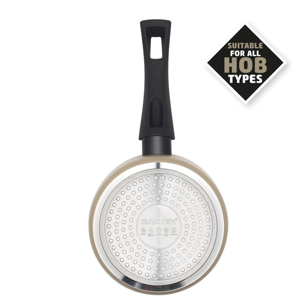 Non-stick frying pan, black handle, base showing, suitable for all hobs