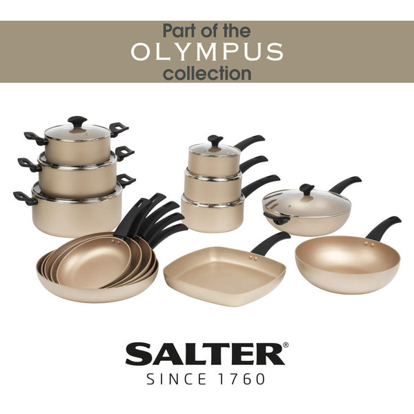 Gold non-stick cookware set with pans and pots from Salter Olympus collection