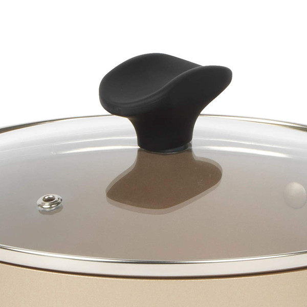 Beige cookware lid with black handle, shown close-up for product detail