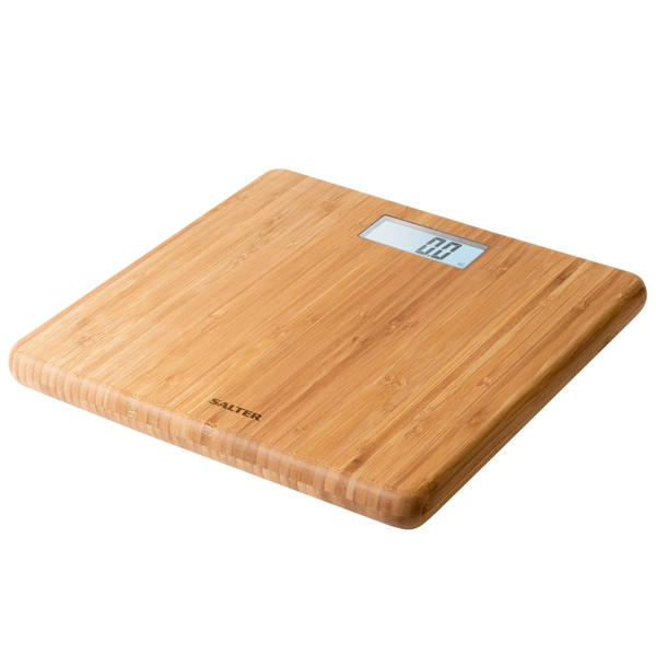 Bamboo digital bathroom scales with LCD display, shown from angled top view.
