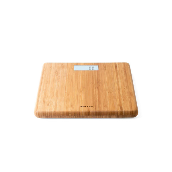 Bamboo digital bathroom scale with LCD display, top-down view