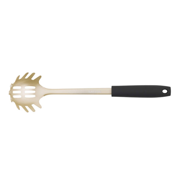 Gold spaghetti server with black handle, shown on white background