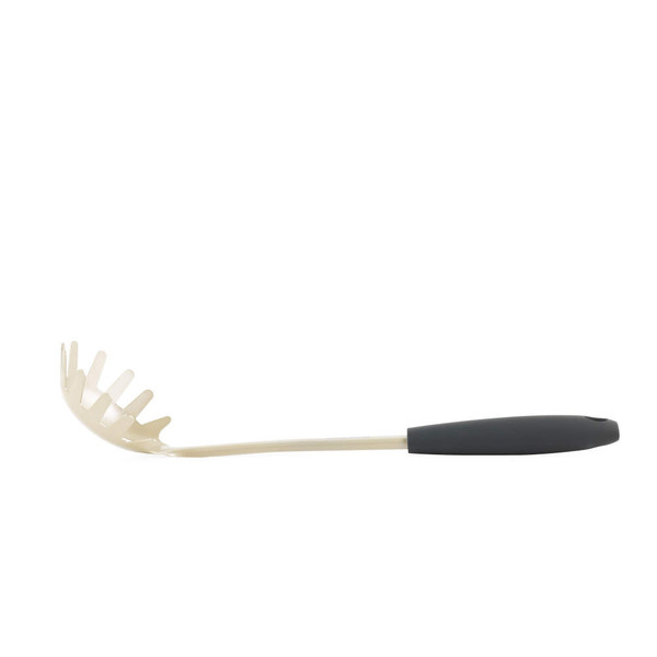 Beige spaghetti server spoon with black handle, side view