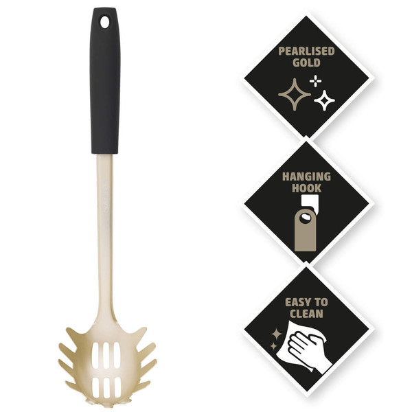 Gold pearlescent pasta server with black handle, hanging hook, easy to clean