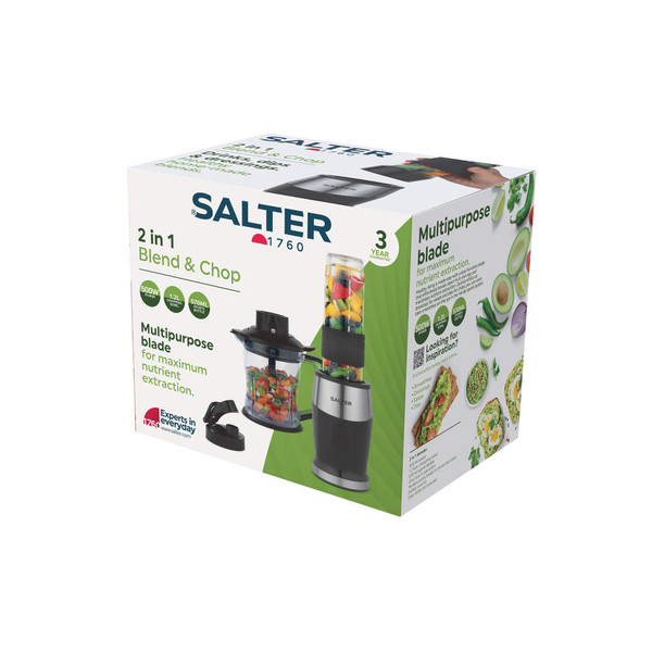 Salter Blend & Chop 2-in-1 blender and chopper box packaging, multipurpose blade