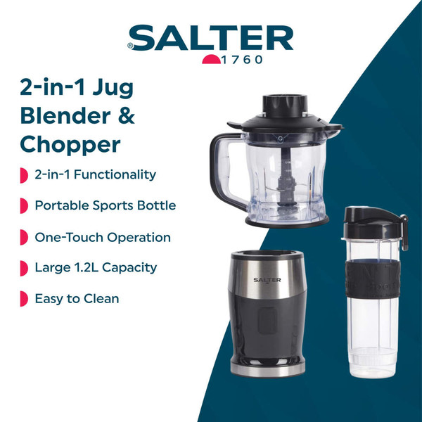 Black and silver blender set with smoothie cup, jug, and assorted fruit and veg