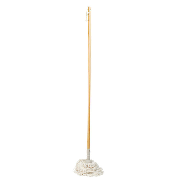Cotton string mop with wooden handle, shown upright on white background