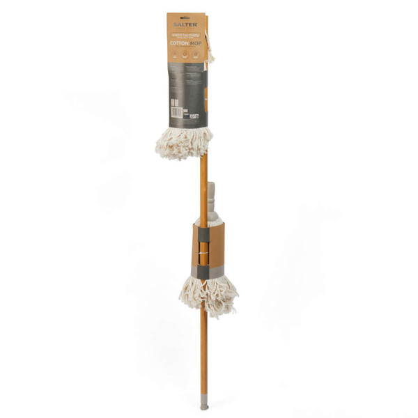 Grey cotton mop with wooden handle, packaged for retail display