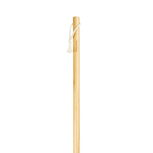Bamboo broom handle with white hanging cord, photographed upright