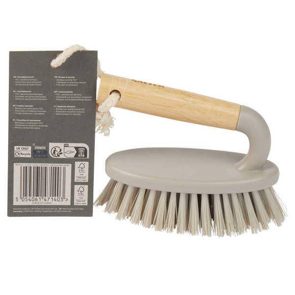 Round scrubbing brush with light grey bristles and bamboo handle, shown with product tag.