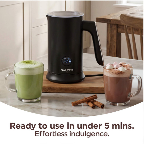 Salter black milk frother with two mugs, one hot chocolate, one green latte.