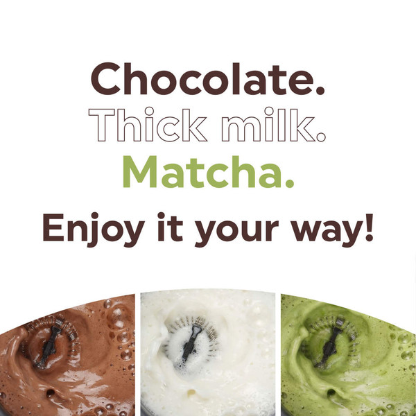 Banner showing blended drinks: chocolate, thick milk, and matcha. Customise your flavour.