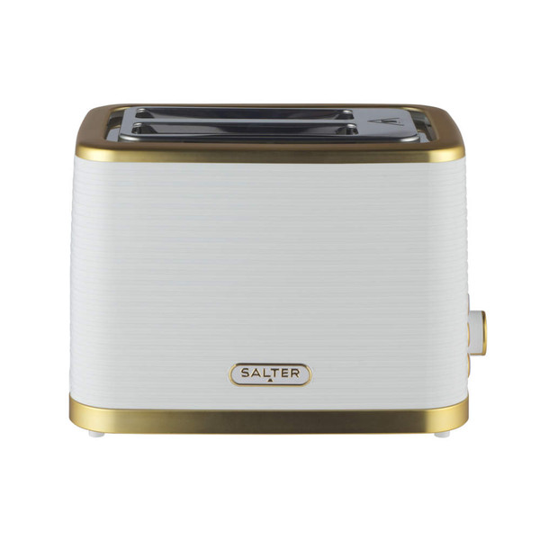 White 2-slice toaster with gold trim, front view, Salter brand