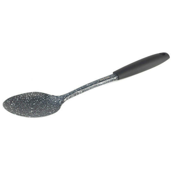 Grey speckled cooking spoon with black handle