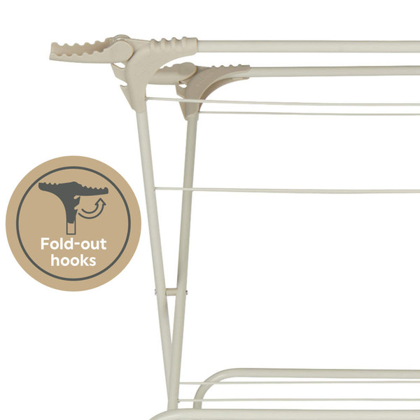 Close-up of cream folding airer frame showing fold-out hooks feature