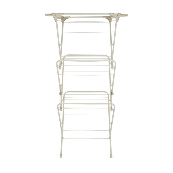 Cream folding clothes airer with three tiers, shown unfolded on white background