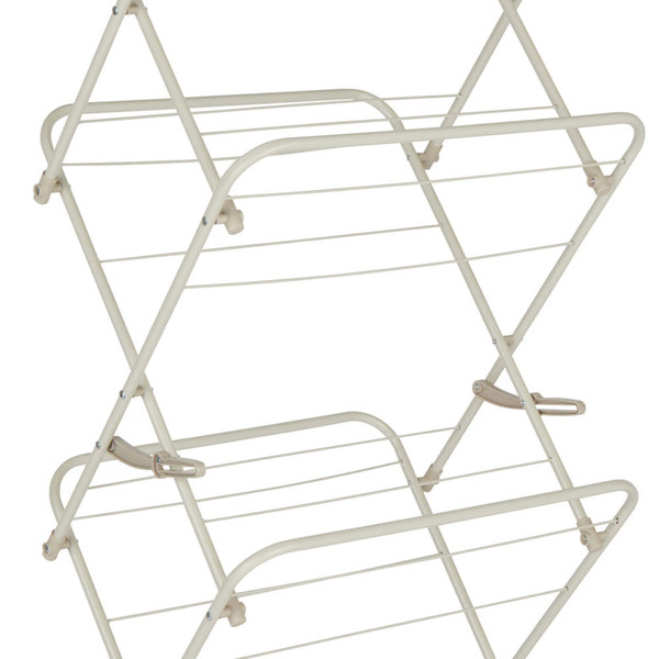 Foldable cream clothes airer with three tiers, shown open from side angle