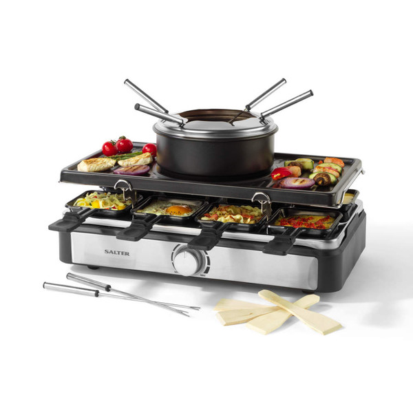 Salter raclette grill and fondue set with food, showing non-stick pans and forks