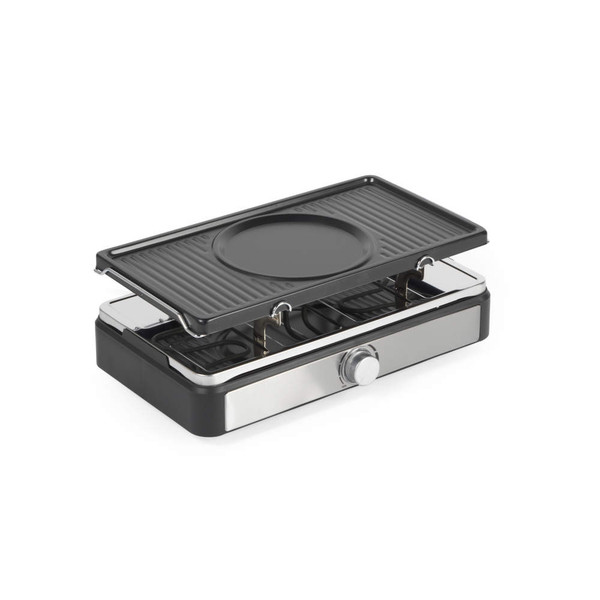 Black fondue set with six stainless steel forks, shown on a white background