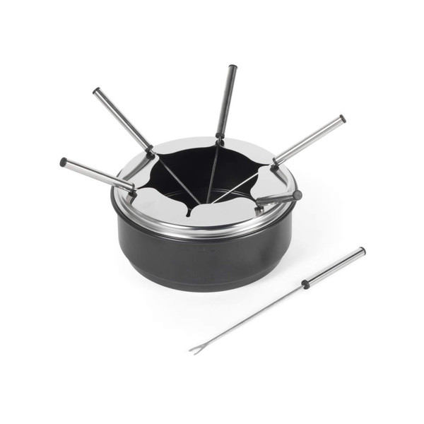 Black fondue set with six stainless steel forks, shown on a white background
