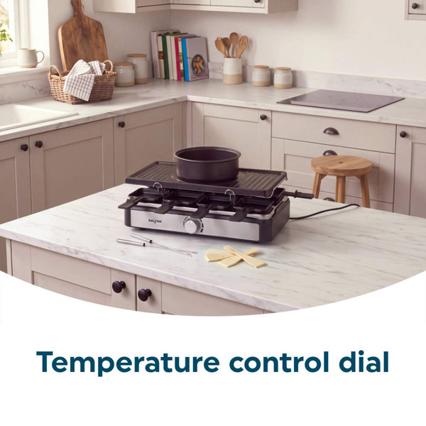 Electric tabletop grill with pot and temperature control dial