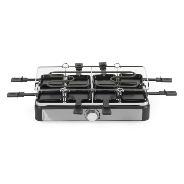 Electric raclette grill in black and stainless steel, lid open showing cooking surface.