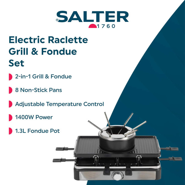 Salter raclette grill and fondue set with cheese, vegetables, meats and bread