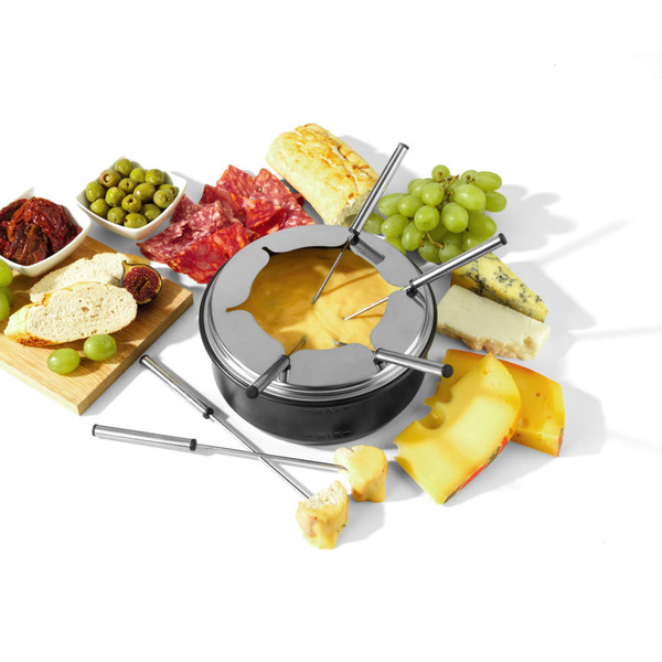 Chocolate fondue set with forks, fruit, waffles, marshmallows, and mini doughnuts