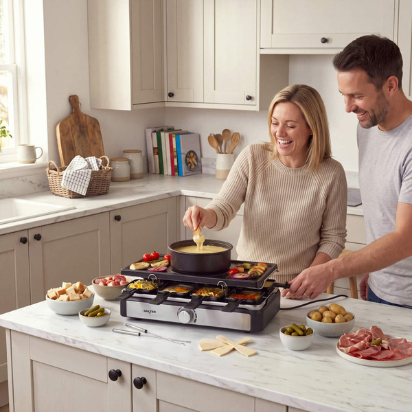 Couple using a black raclette grill with fondue set in a modern kitchen
