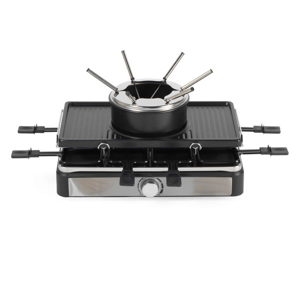 Electric raclette grill with four pans and adjustable heat control