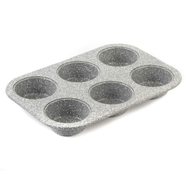 Six-cup grey speckled non-stick muffin tray, angled view
