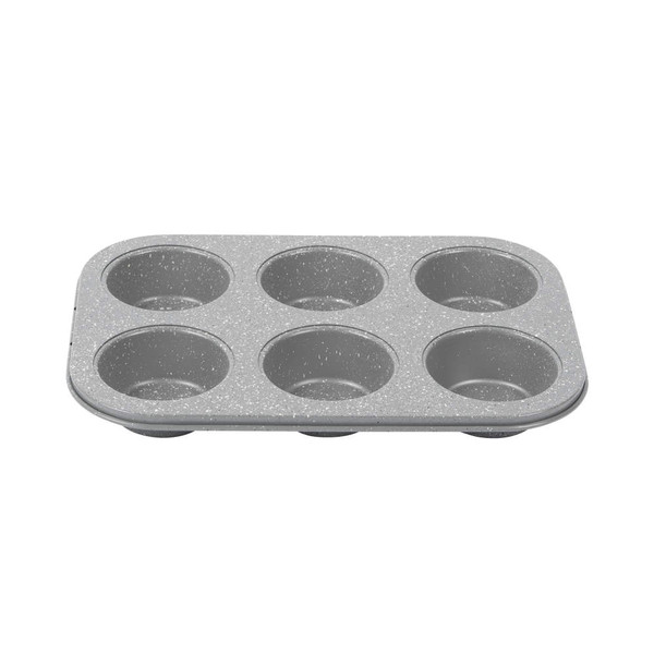 Grey non-stick 6-cup muffin tray, shown empty, angled front view