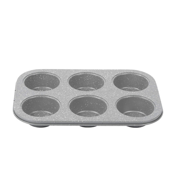 Grey non-stick 6-cup muffin tray, shown empty, angled front view
