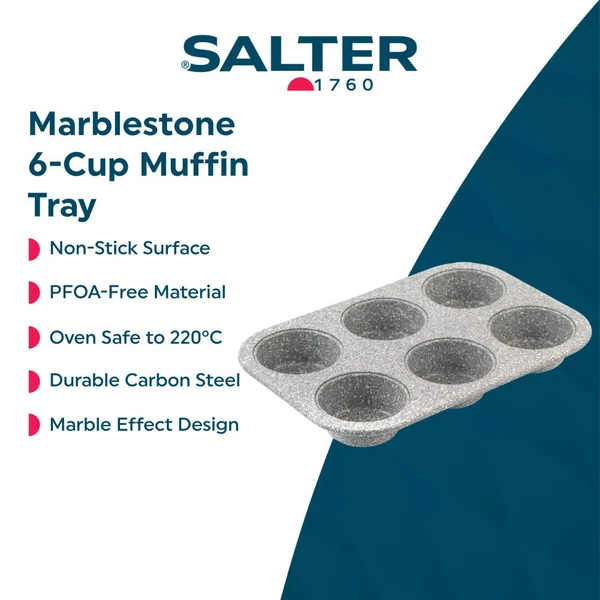 Grey non-stick 6-cup muffin tray, shown empty, angled front view