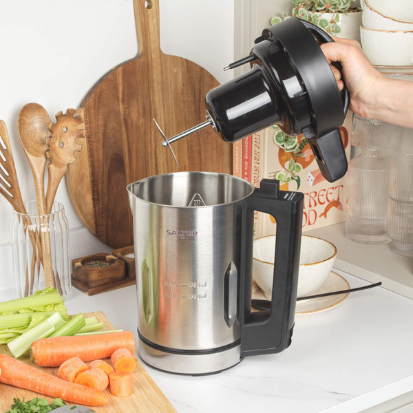 Salter stainless steel soup maker jug with removable black motor blade, shown separated