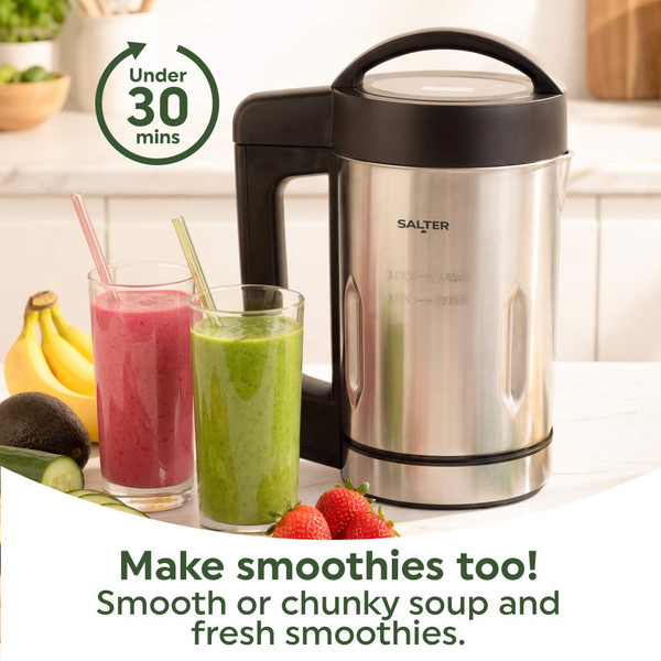 Soup maker with two smoothies in glasses, fresh fruit, and text: make smoothies too.