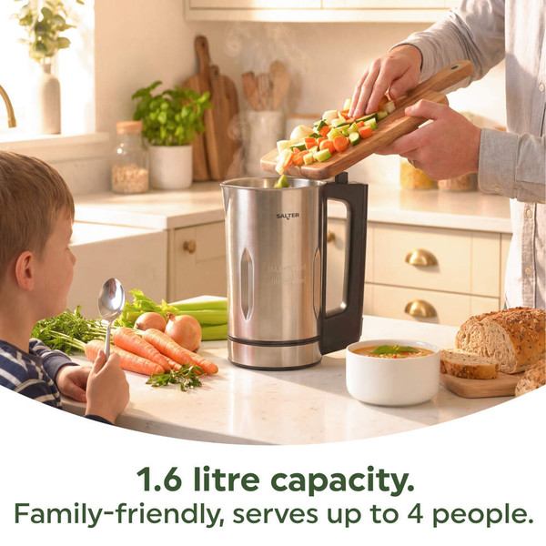 Soup maker in kitchen with fresh vegetables, 1.6 litre capacity, serves up to 4 people.