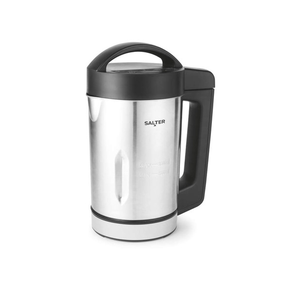 Silver soup maker with black handle and lid, shown upright on white background