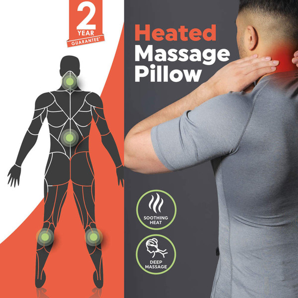 Black massage pillow with red mesh, shown as relieving tension in neck, shoulders, back, arms, thighs, calves and feet.